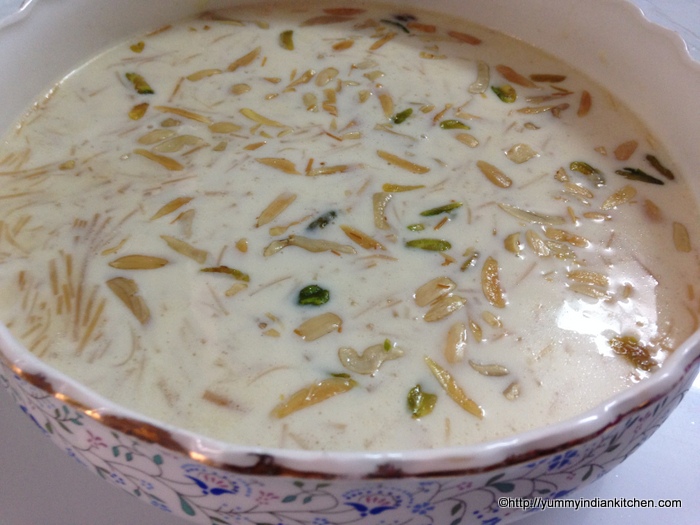 sheer khurma in a bowl with dry fruits topping