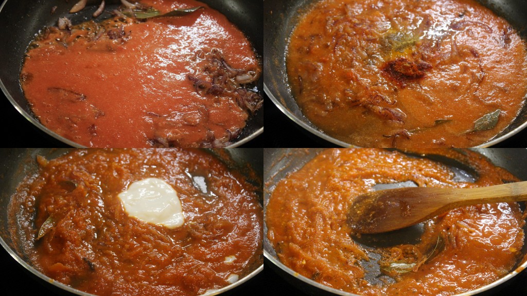 cooking the soya chunks in spices and tomato puree