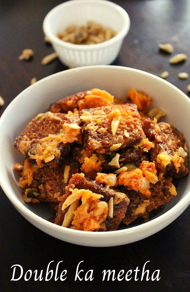 double ka meetha in a bowl with garnished dry fruits