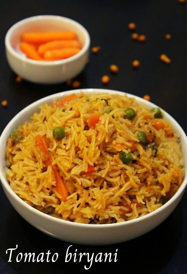 tomato biryani served in a bowl