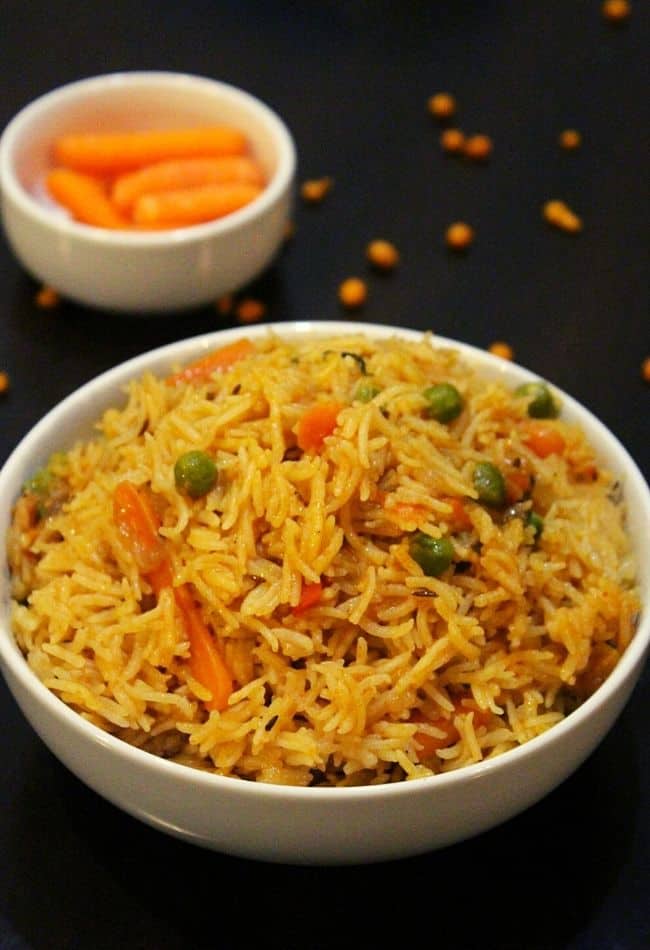 tomato biryani served in a bowl