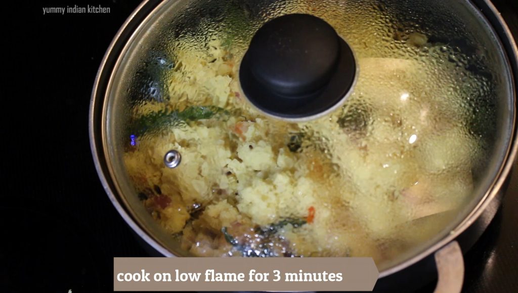 Covering the lid and cooking for 3-5 minutes on low heat