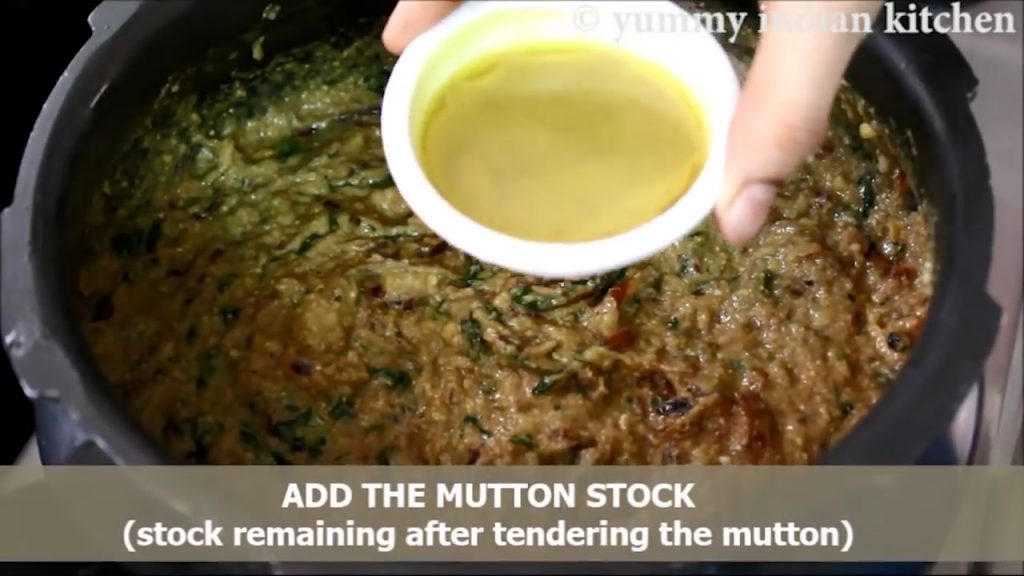 adding mutton stock to the haleem recipe