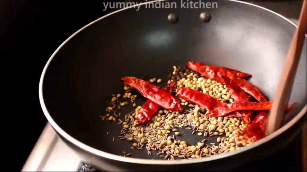 roasting coriander seeds, cumin seeds, black peppercorns, dried red chillies