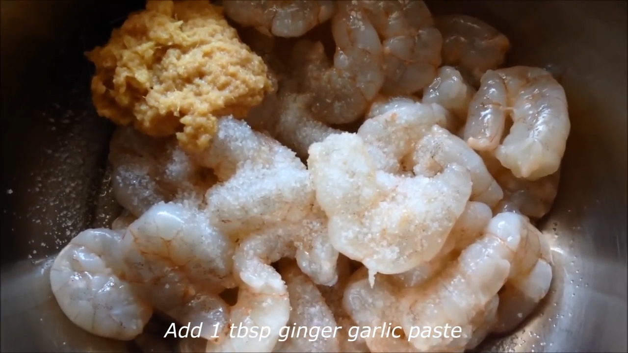 ginger garlic paste into the prawns
