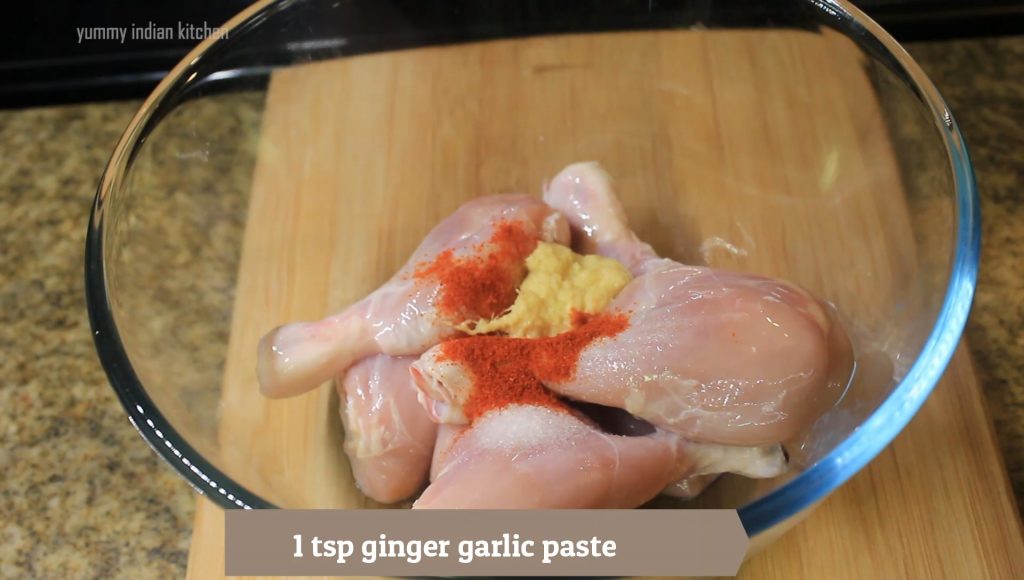 adding salt, red chili powder, turmeric powder, ginger garlic paste