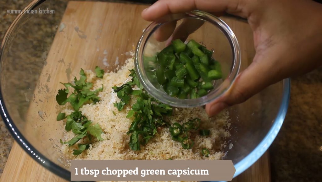 Adding chopped coriander leaves, add chopped green chili, add chopped green capsicum