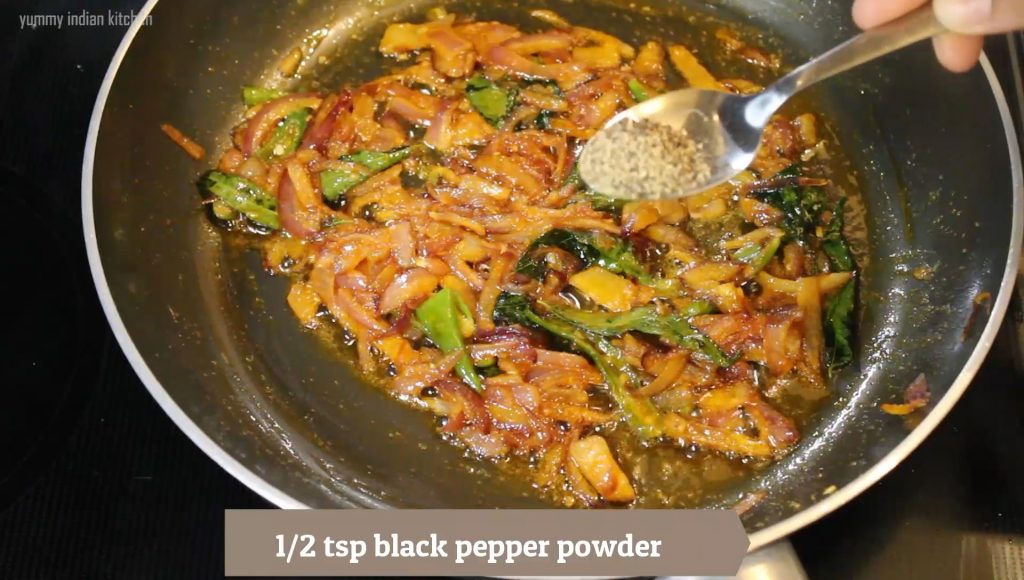 adding black pepper corn powder into the pan