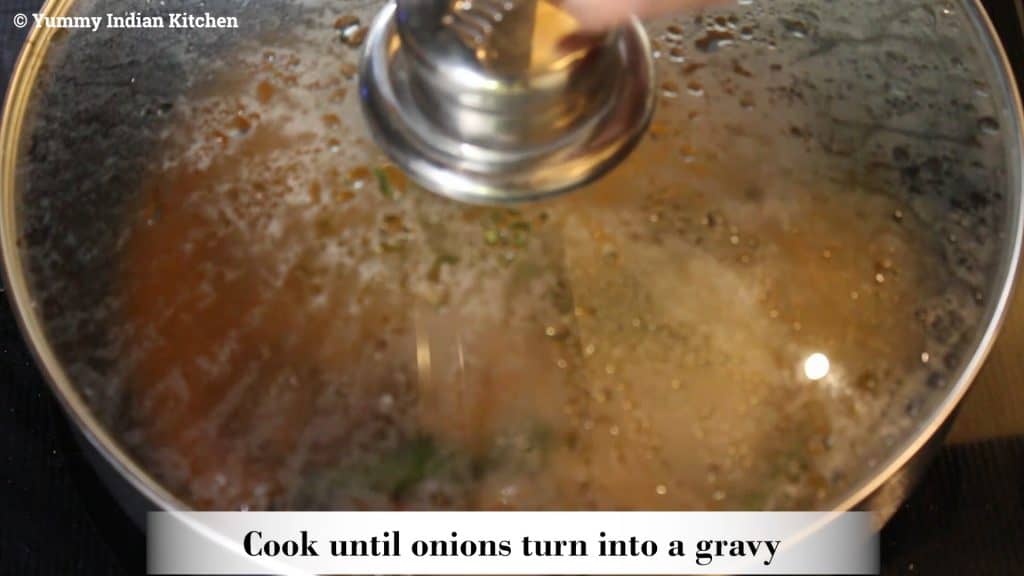 Cooking the mutton until the onions turn into a gravy