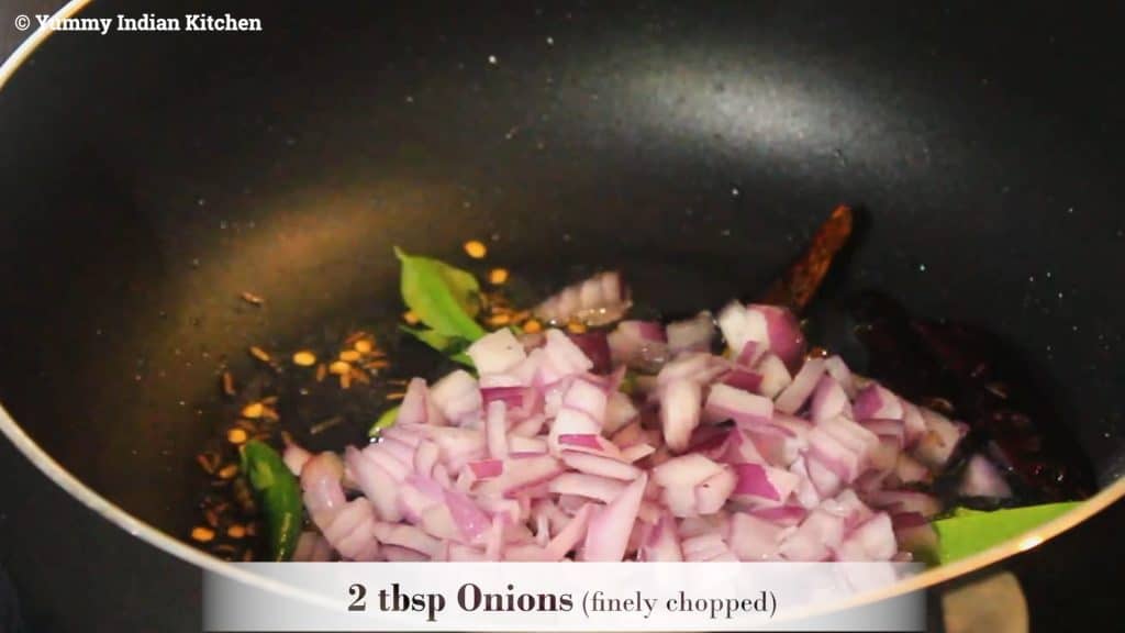 Adding the fresh curry leaves and  finely chopped onions