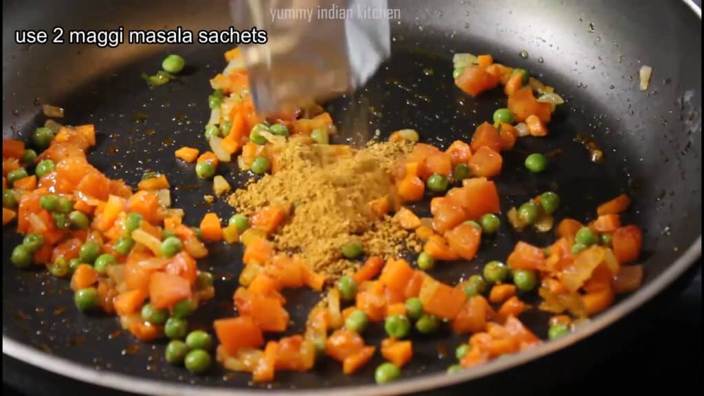 Add the Maggi masala powder mixing and cooking the masala until oil leaves 