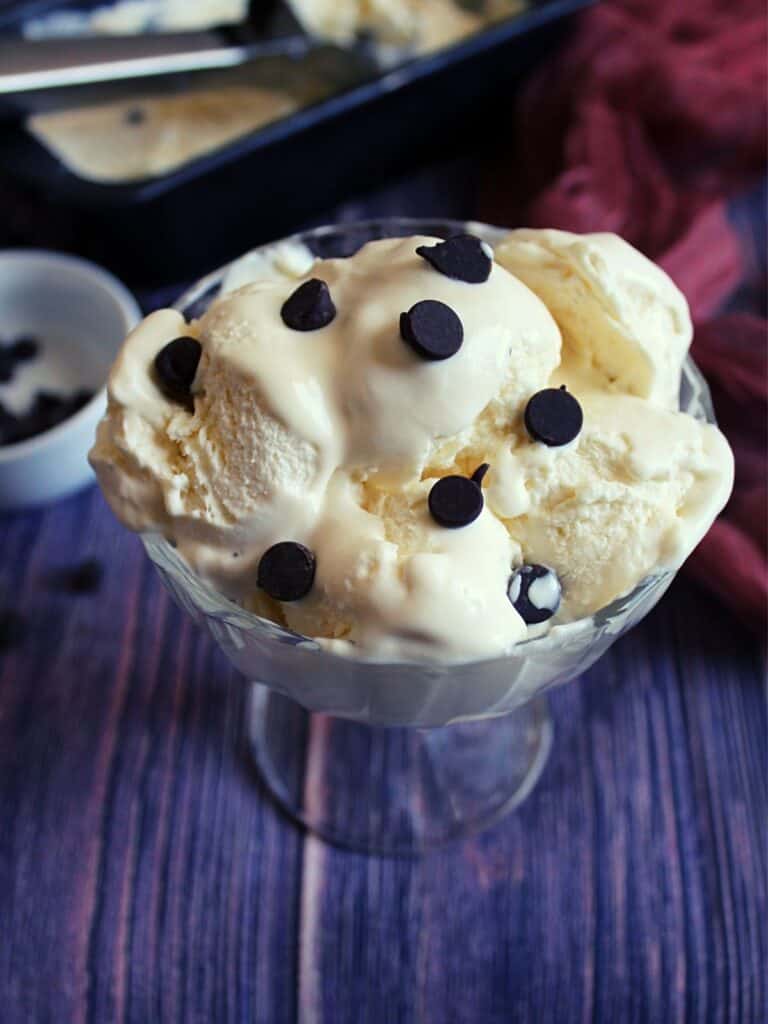 homemade ice cream with condensed milk is served in a bowl with chocolate chips as topping