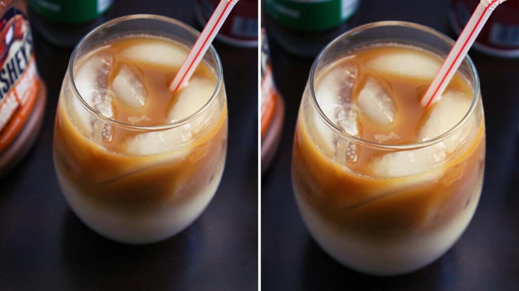 served Starbucks iced caramel macchiato in glass bowls with a straw