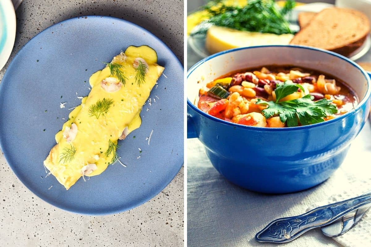 under 200 calorie meals showing omelette and soup
