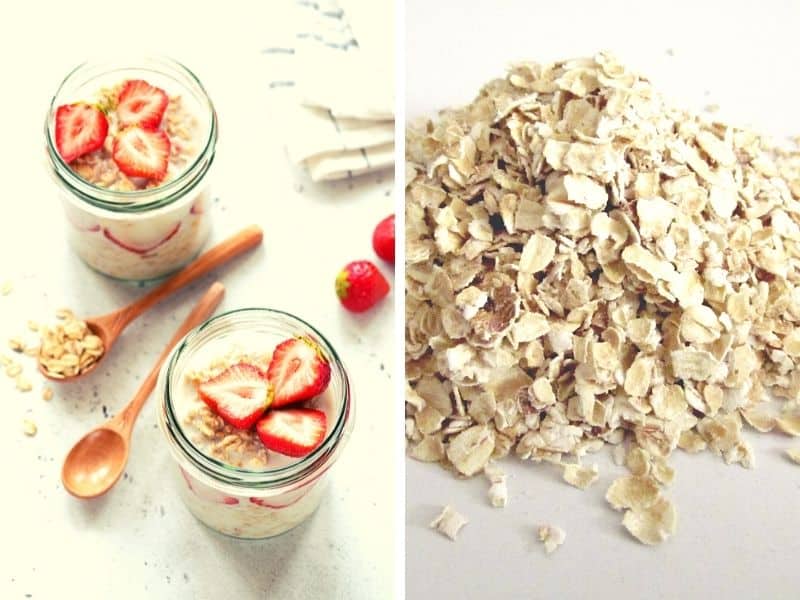 almond milk smoothie with strawberry and oats in mason jars with oats in the collage 