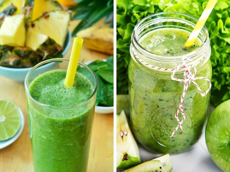 almond milk smoothie with pineapple and spinach in a glass and jar to lose weight