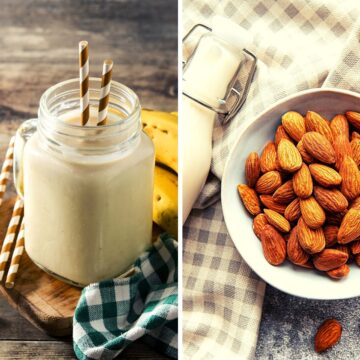 almond milk smoothie in a mason jar with almonds in the collage