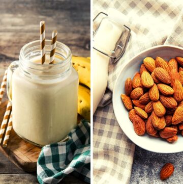 almond milk smoothie in a mason jar with almonds in the collage