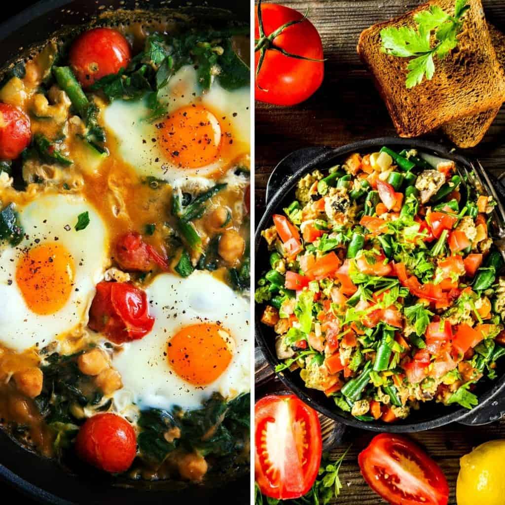 high protein low carb breakfast with scrambled eggs in a skillet and served in the form of a collage with slices of bread