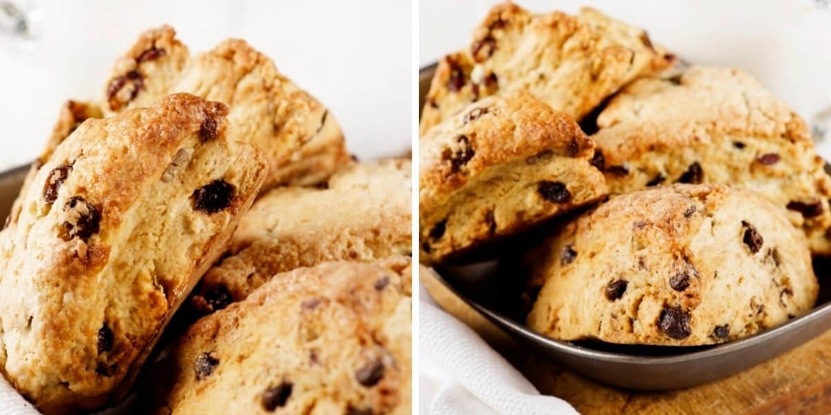 bisquick scones with choco chips stuffing in a collage 