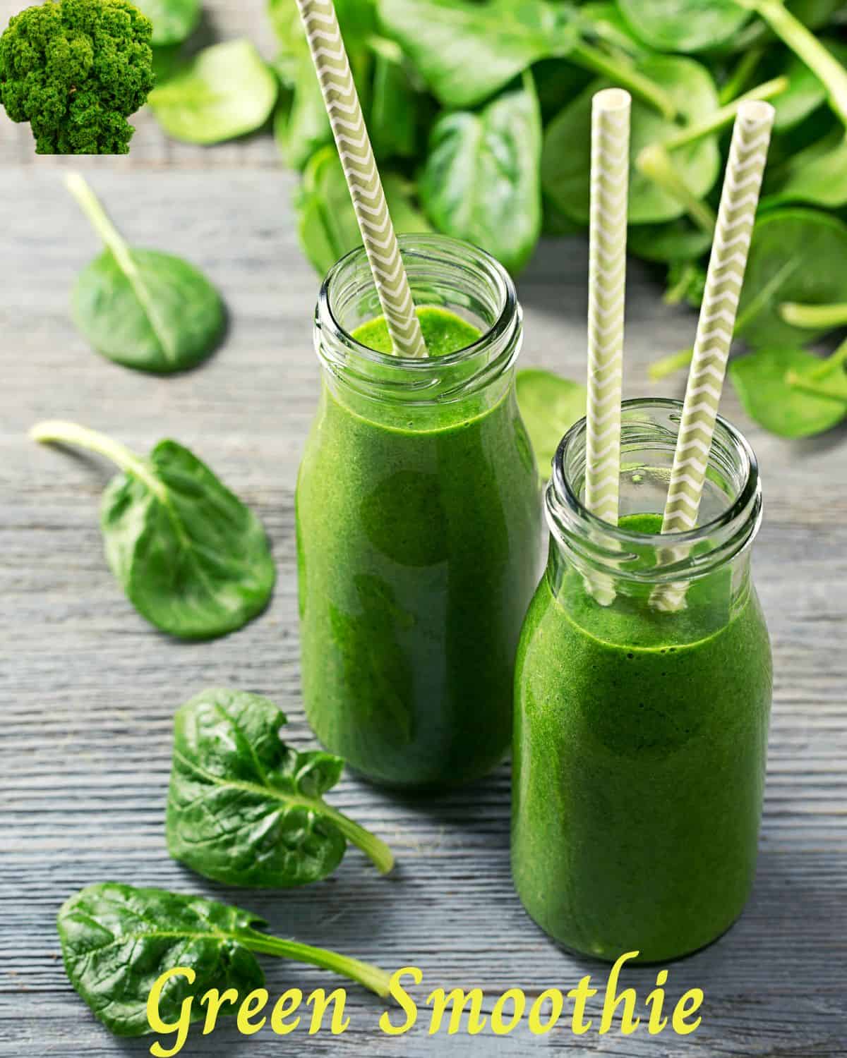 green smoothie in a smoothie bottle with spinach and kale leaves around