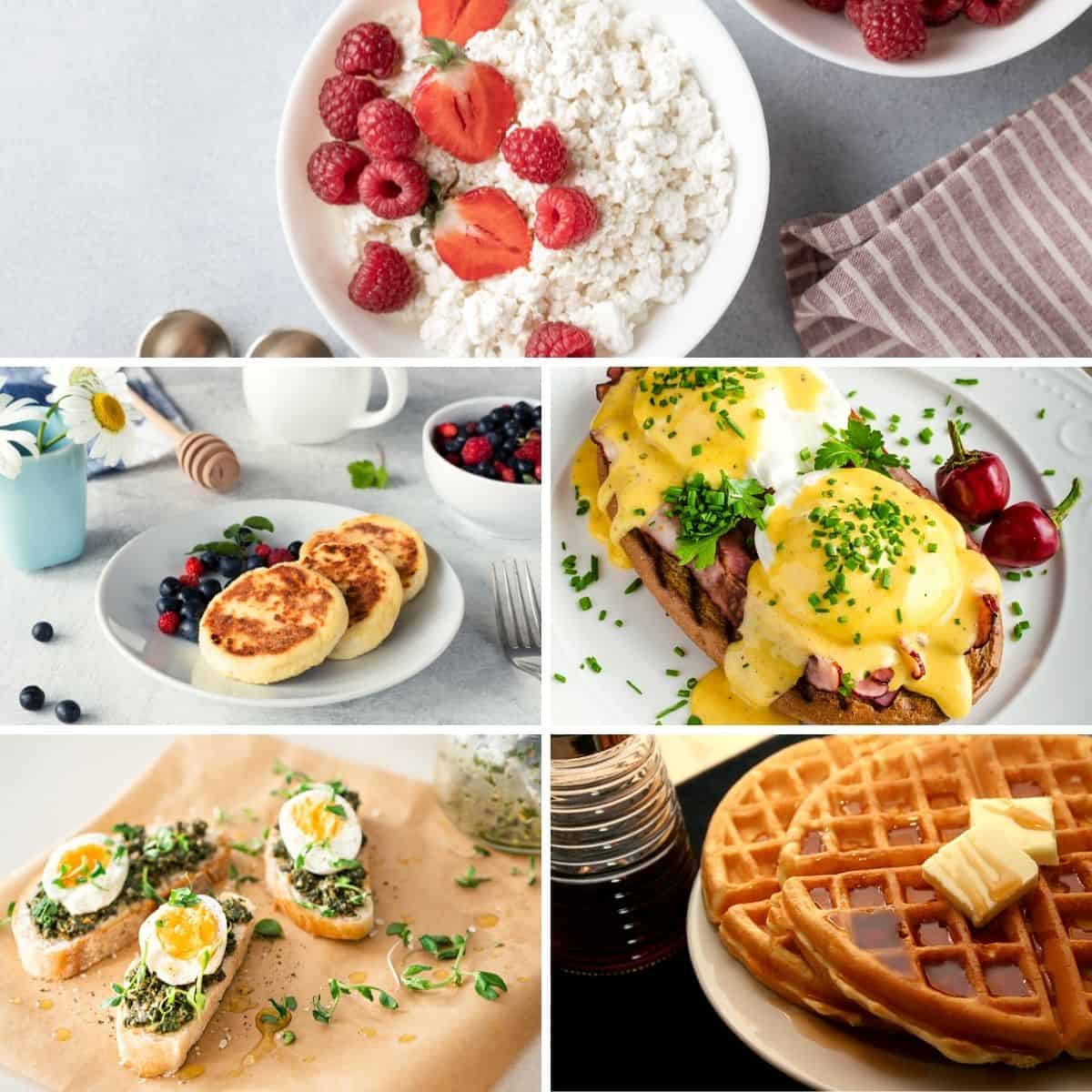 cottage cheese bowl, cheese pancakes. eggs and salmon benedict, pesto eggs and protein waffles in collage as healthy high protein breakfasts