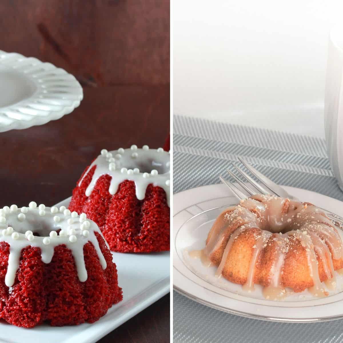 mini red velvet and mini carrot bundt cakes in a collage on a plate