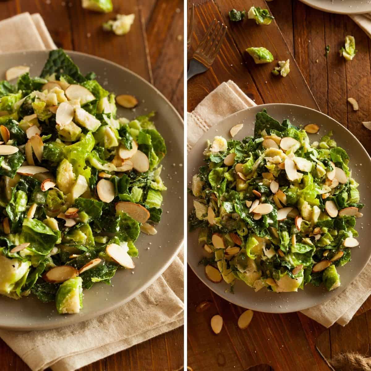 kale and brussels sprouts salad serve in a plates with almonds as garnishing for veg side dish 