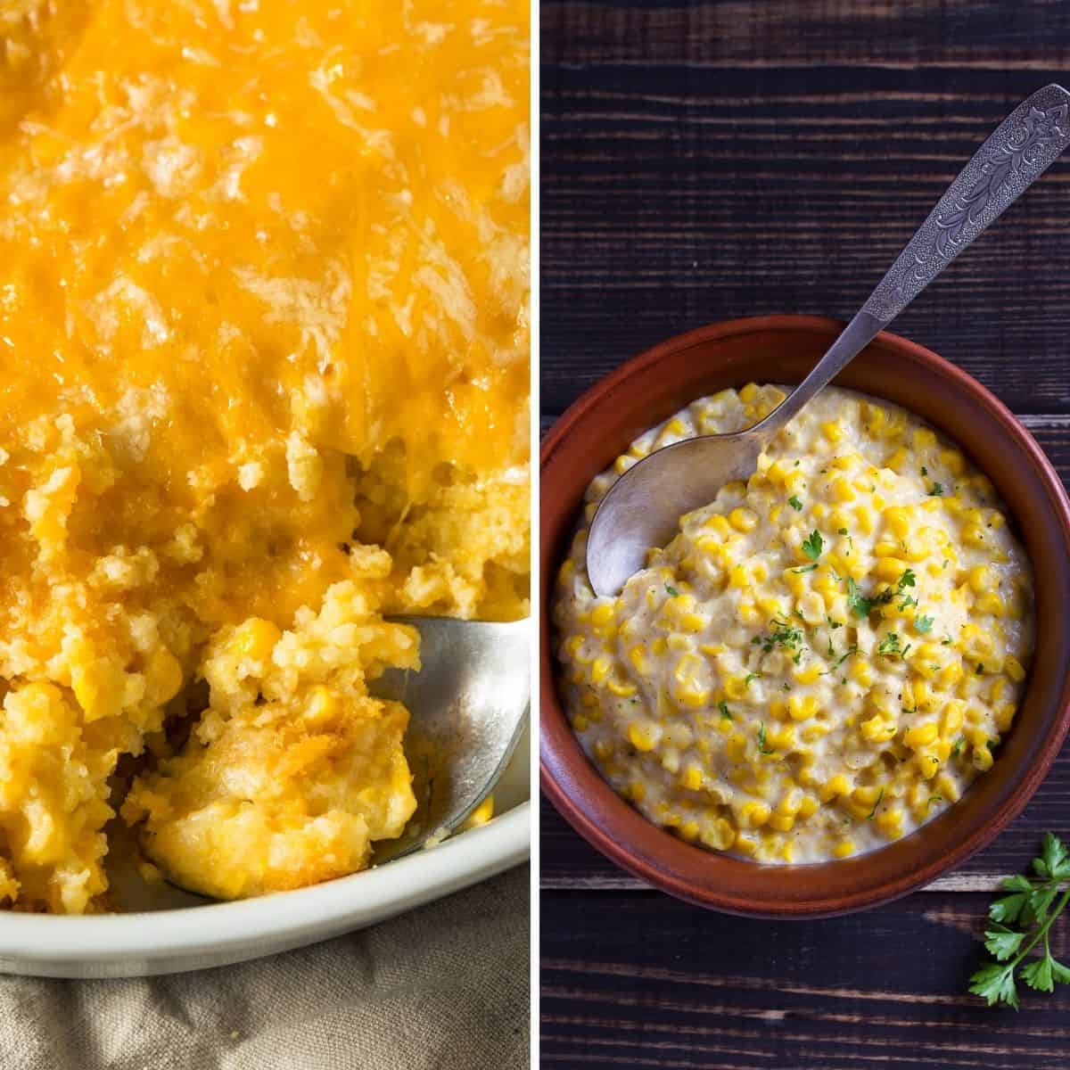 creamed corn casserole and skillet corn in a collage for thanksgiving side dishes