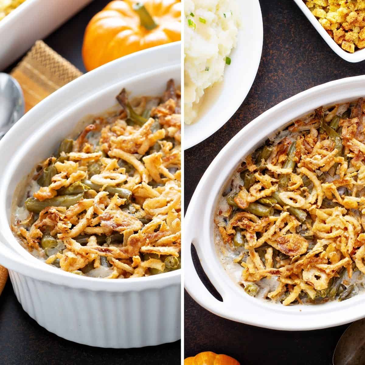 green bean casserole in a serving bowl with cheese on top