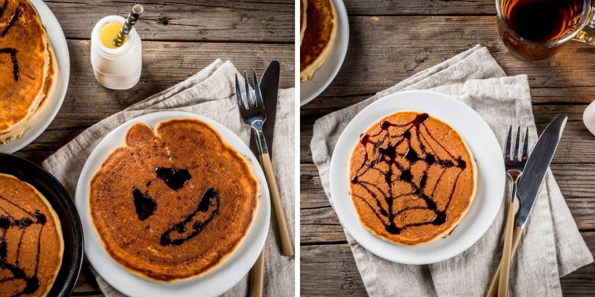 Halloween Pumpkin Pancakes With Black Cinnamon Syrup in a collage