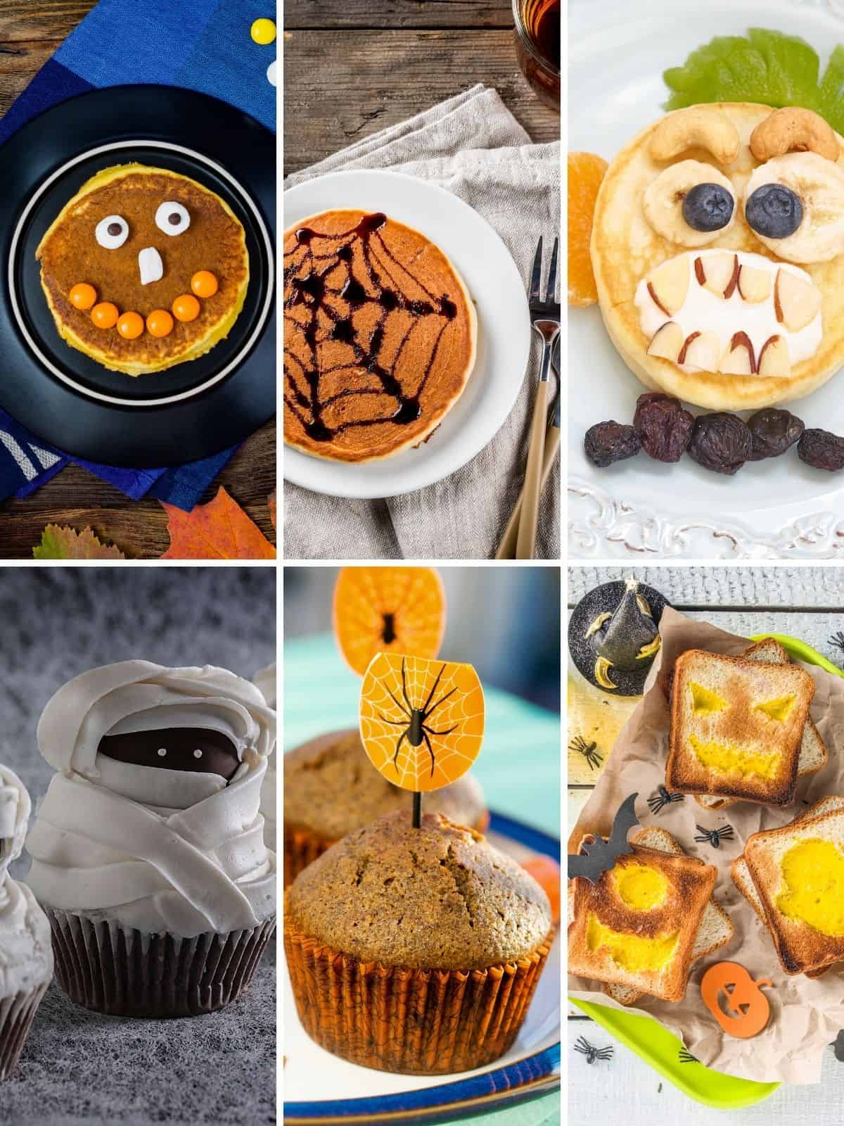 halloween breakfast recipe ideas such as pancakes, muffins, sandwich, toasts in a collage to show various halloween breakfasts 