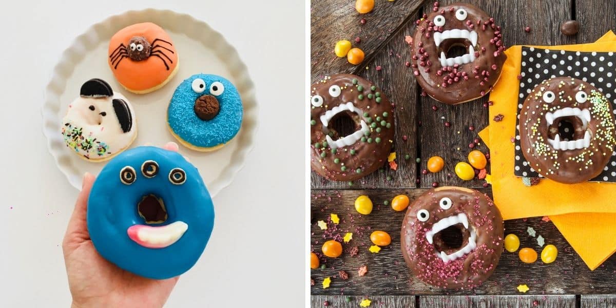 halloween ghost appearances on donuts of different colors in a collage