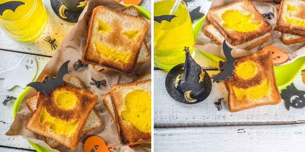 Ghost Toast for halloween in a collage with different toasts served on a paper 