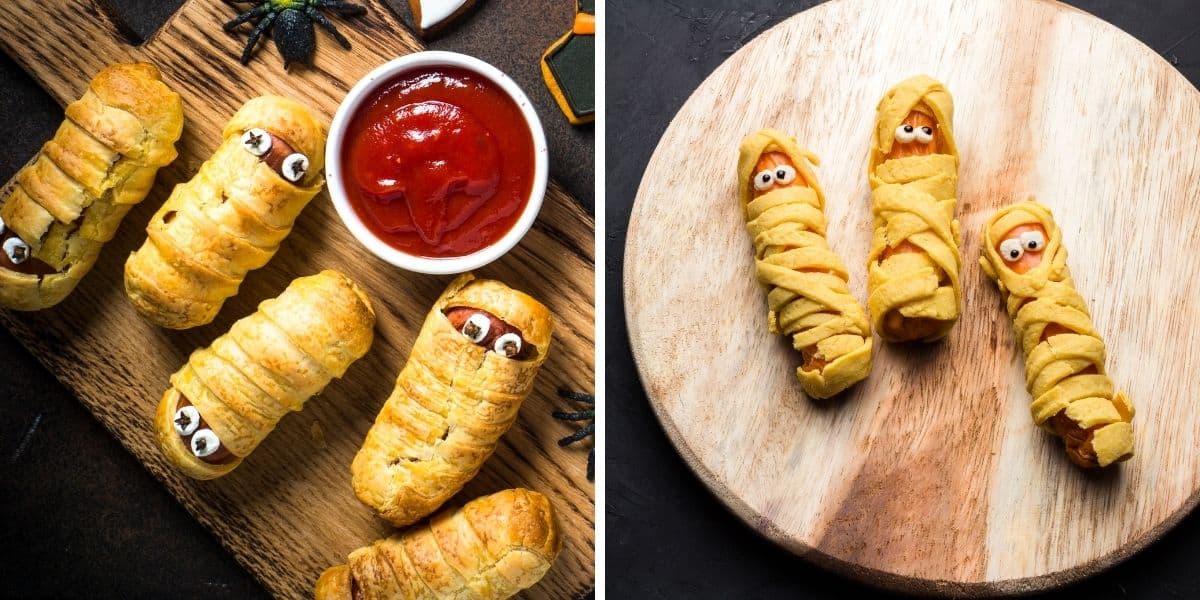 mummy sandwiches for halloween on a rolling board along with ketchup for halloween breakfast ideas