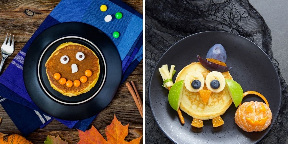 halloween trick or treat pancakes on a plate in a collage