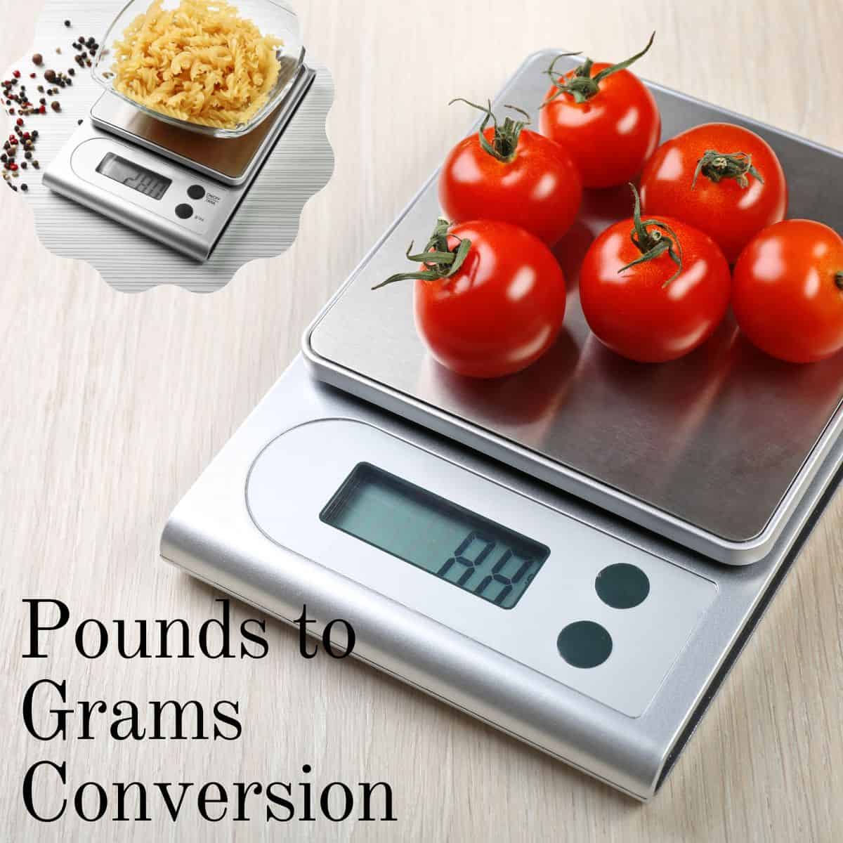 image showing digital scale weighing tomatoes and pasta to weight pounds to grams