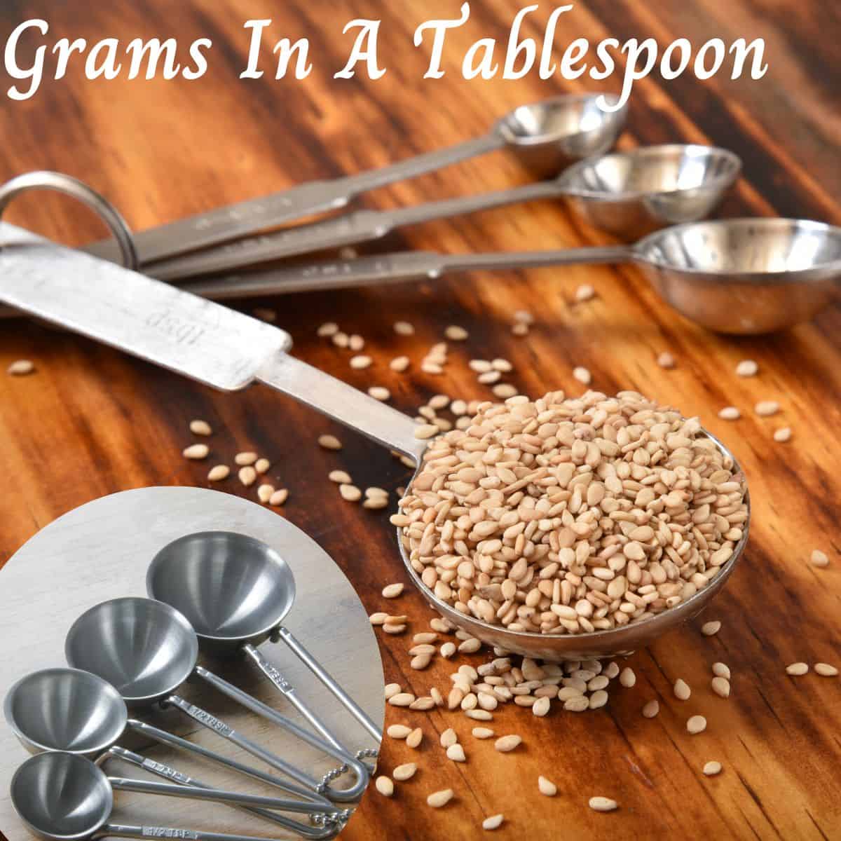 different tablespoons placed on a board with seeds to show them in grams