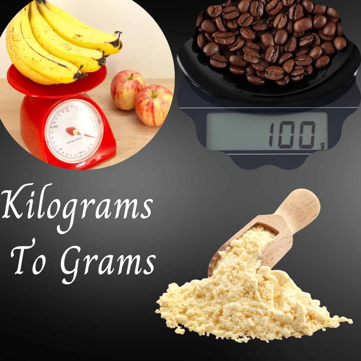 image with a food scale weighing bananas and another scale weighing coffee beans to show how many grams in a kilogram