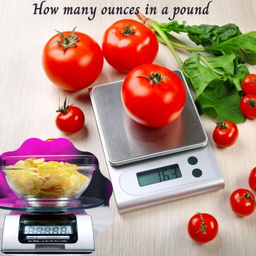 food scales weighing tomatoes and chips to show how many ounces in a pound in both U.S customary and metric system