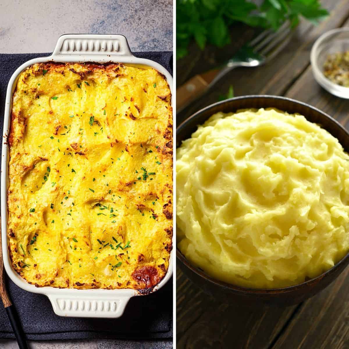 creamy mashed potatoes as a vegetable side dish for thanksgiving in serving bowls