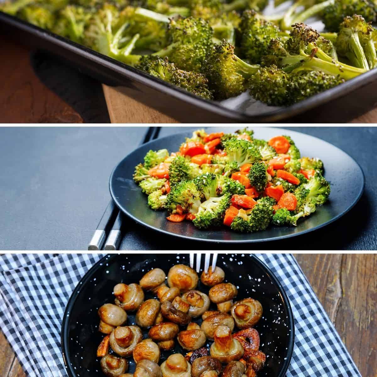 roasted broccoli, roasted broccoli and carrots, garlicy mushroom in a collage to serve for thanksgiving