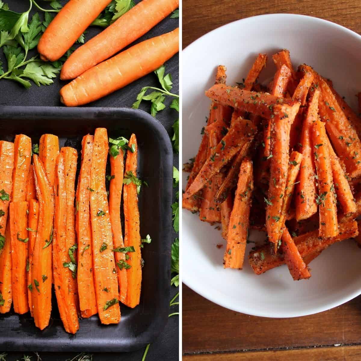 garlic parmesan carrots and glazed carrots in plates and bowls.