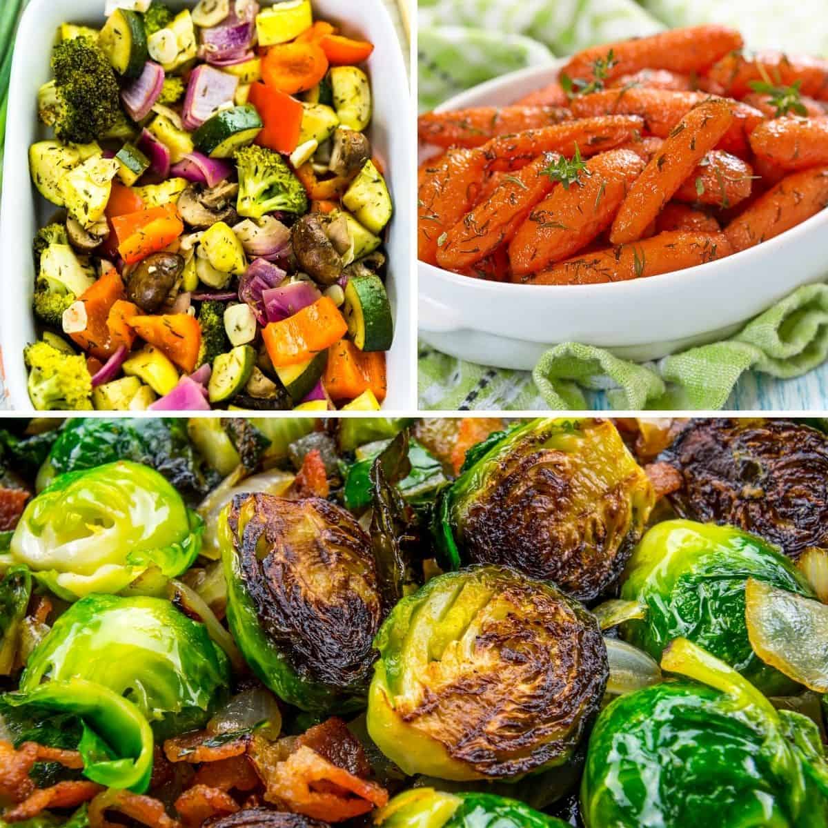 roasted veggies such as cheesy brussel sprouts, glazed carrots and roasted veggies in a collage form to serve for thanksgiving