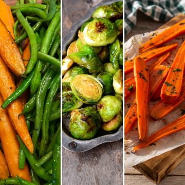 thanksgiving veg side dishes roasted and served with roasted green beans and carrots, roasted brussels, roasted and glazed carrots