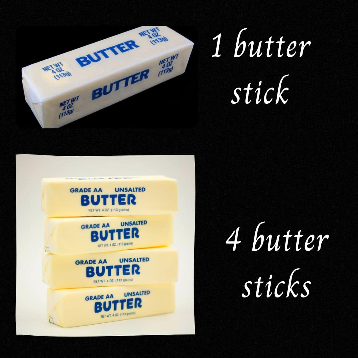 1 stick of butter and 4 butter sticks with text showing sticks 