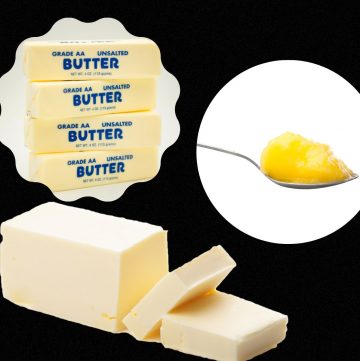 4 butter sticks and 1 pound butter stick shown in the image with butter in a tablespoon