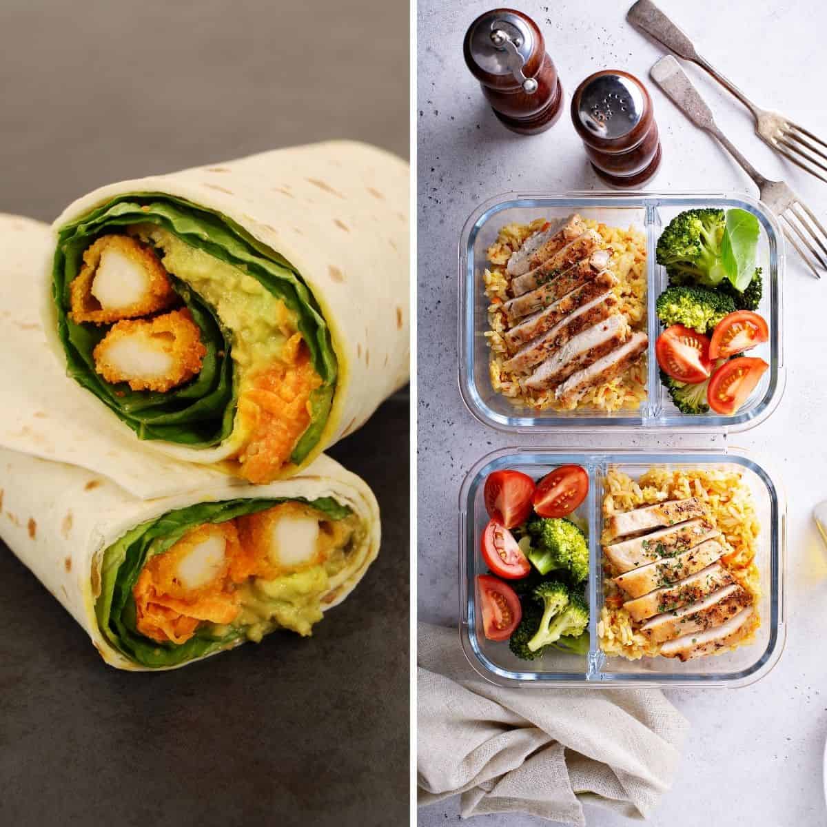 pesto chicken wraps and teriyaki rice bowls served as 500 calorie meals