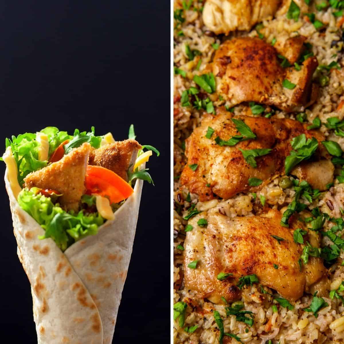 chicken ceasar wraps and baked chicken thighs shown in collage 