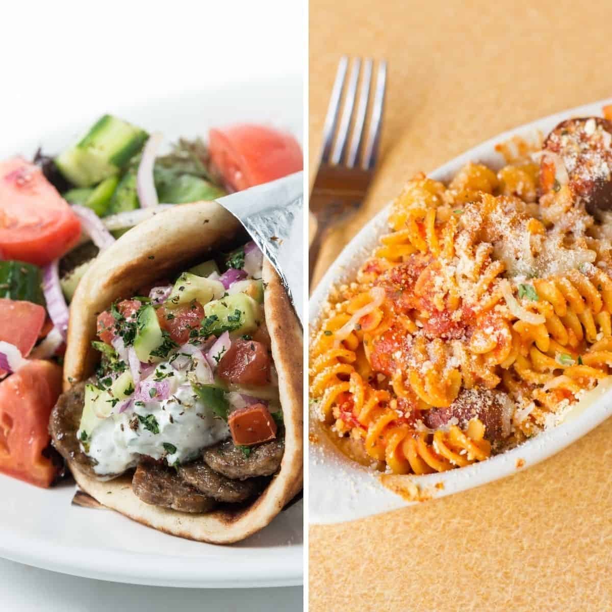garlic chicken veggies pasta and chicken gyros images shown to make as under 500 calorie meals